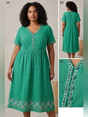 New The Vermont Country Store Green Embroidered Cotton Midi Dress Boho Crinkle